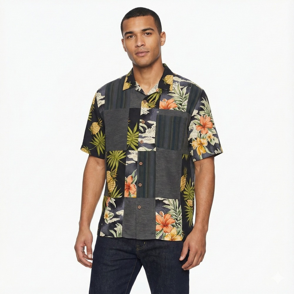 Tommy Bahama Silk Patchwork Tropical Hawaiian Shirt Medium Pineapple Floral